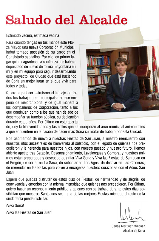 Saludo Alcalde de Soria Sanjuanes 2015