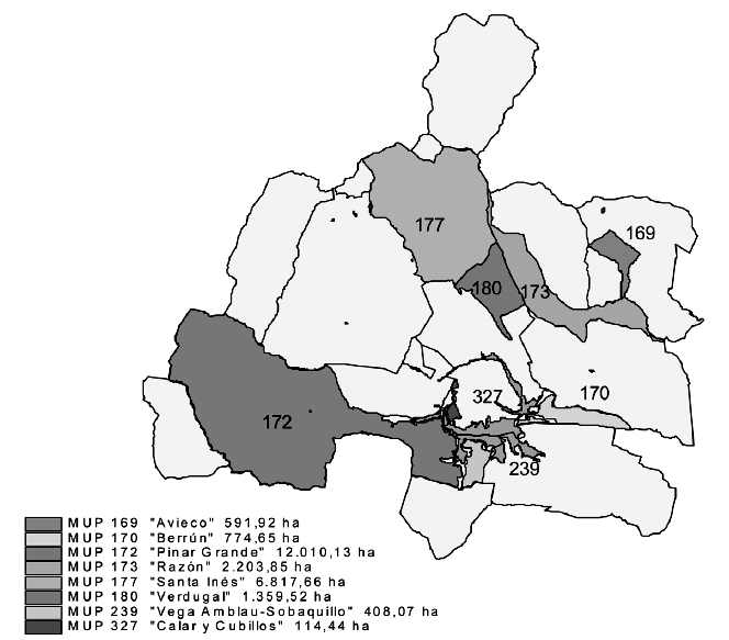 Montes comunales (Soria-Mancomunidad 150 Pueblos) en la zona de Pinares (mapa de J.Mª. Bachiller)